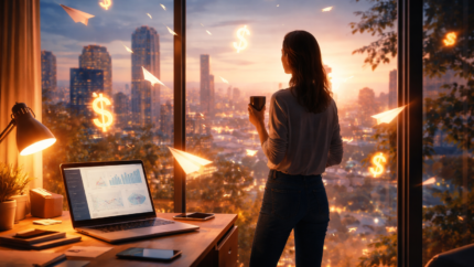 Woman in window with financial opportunities