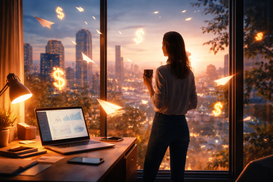 Woman in window with financial opportunities